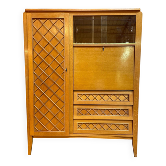 Vintage 1960s wooden and rattan secretary wardrobe chest of drawers.