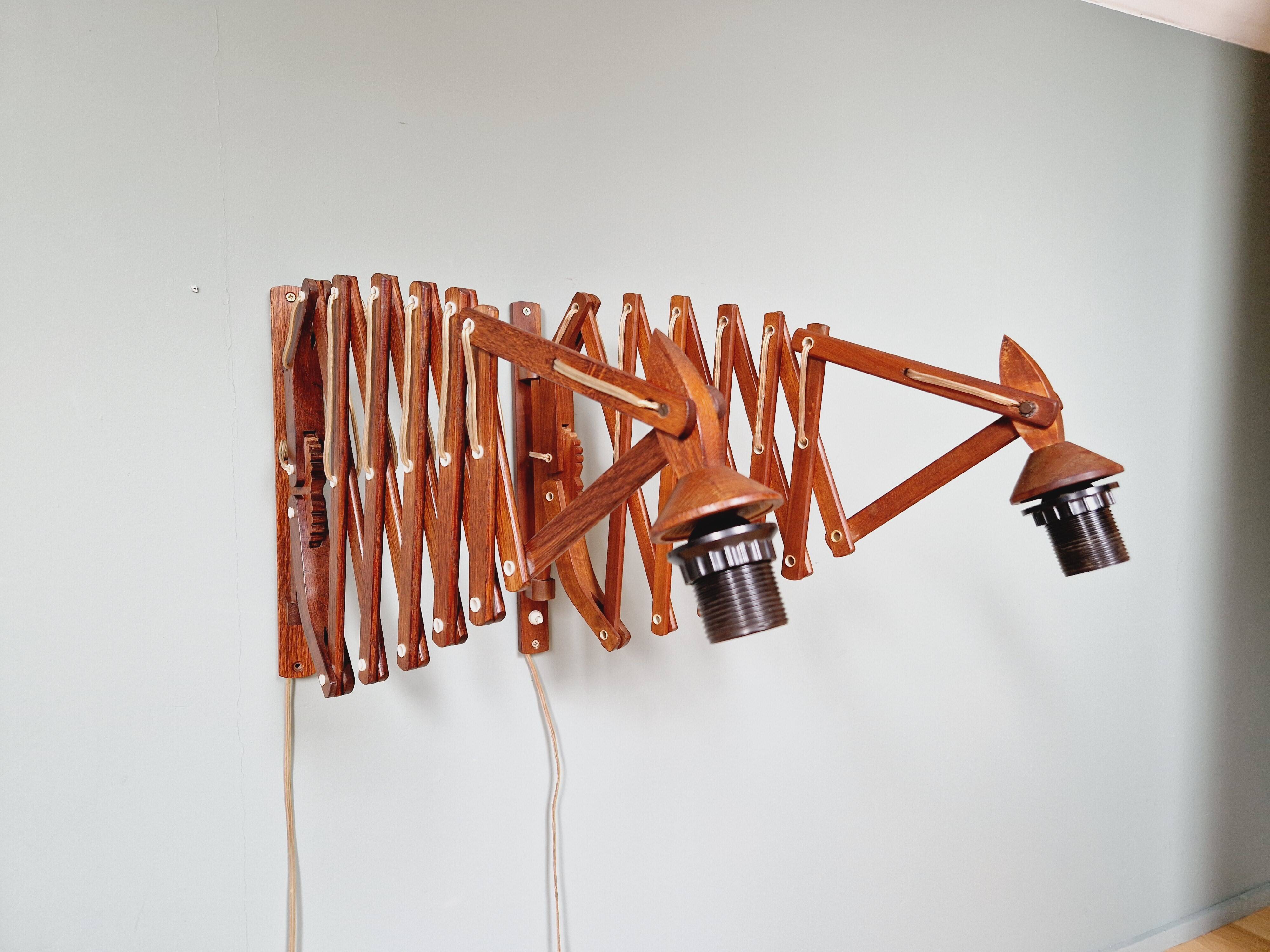 Pair of teak scissor wall lights, Scandinavian style, 1960s