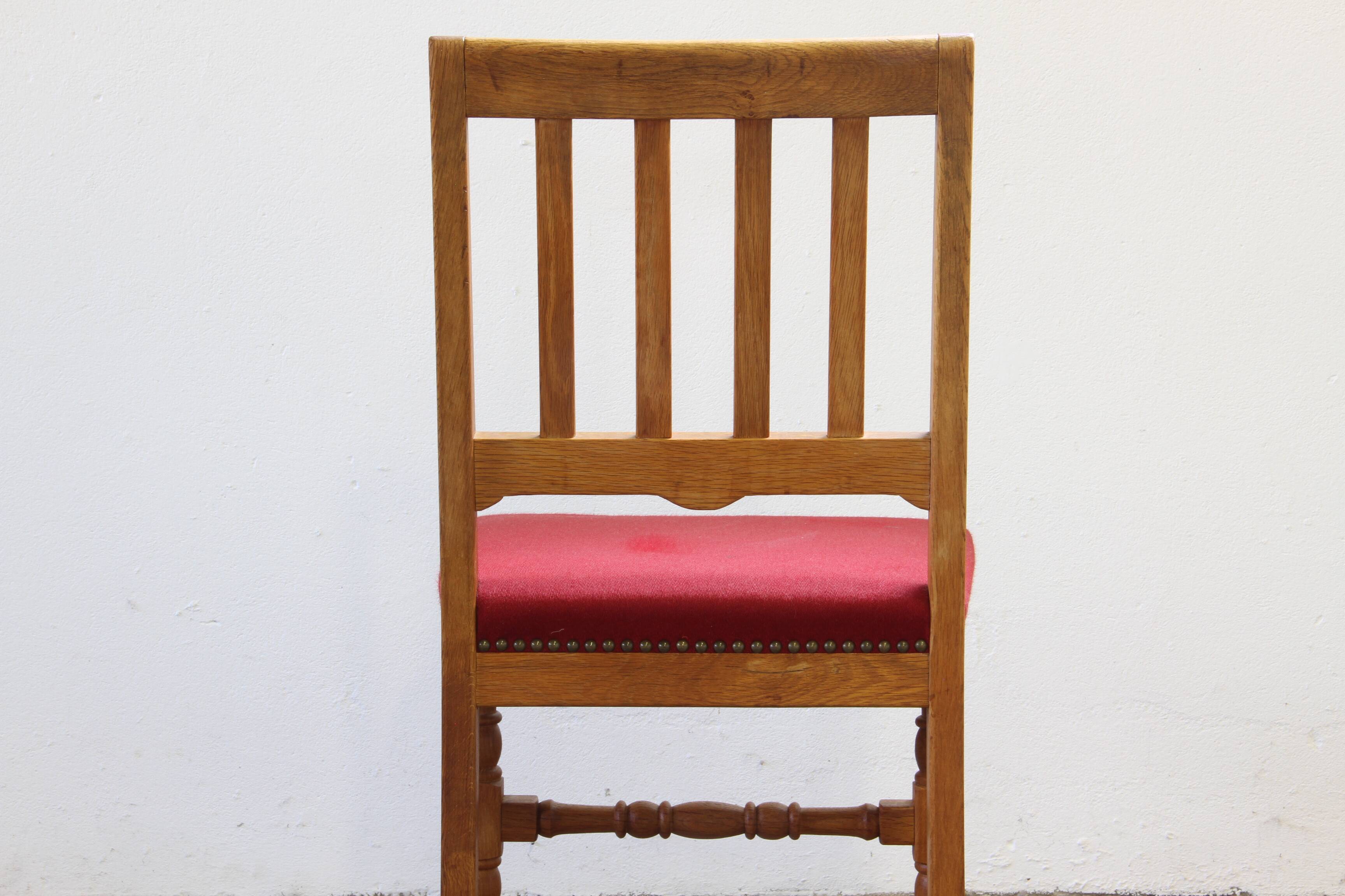 Vintage 1940s/50s Solid Oak Danish Farmhouse Chairs, Baroque style set of 4
