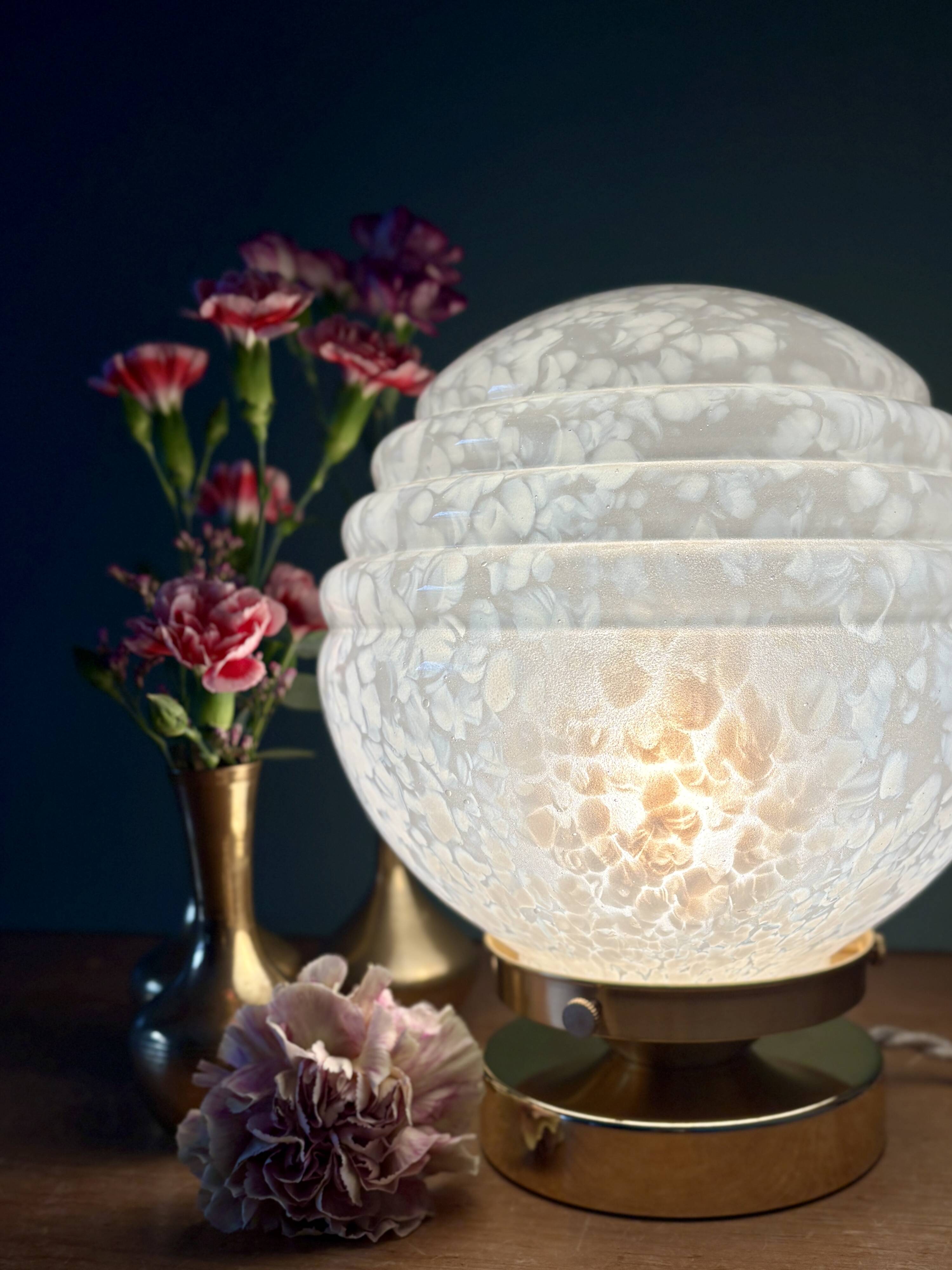 Vintage Art Deco globe table lamp in white Clichy glass