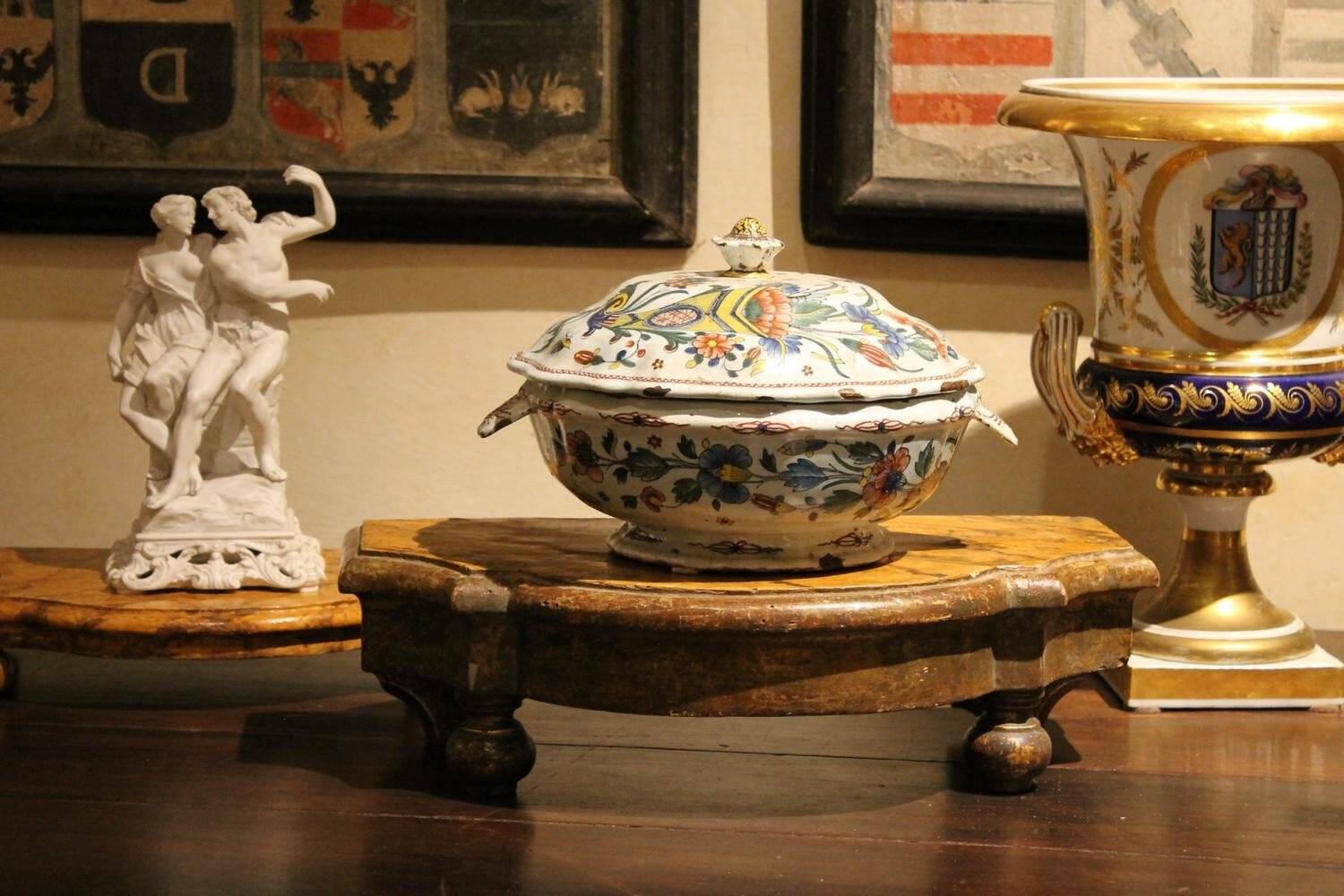 Antique French Faience Lidded Bowl Tureen Hand Painted with Flowers and Insects