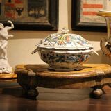 Antique French Faience Lidded Bowl Tureen Hand Painted with Flowers and Insects