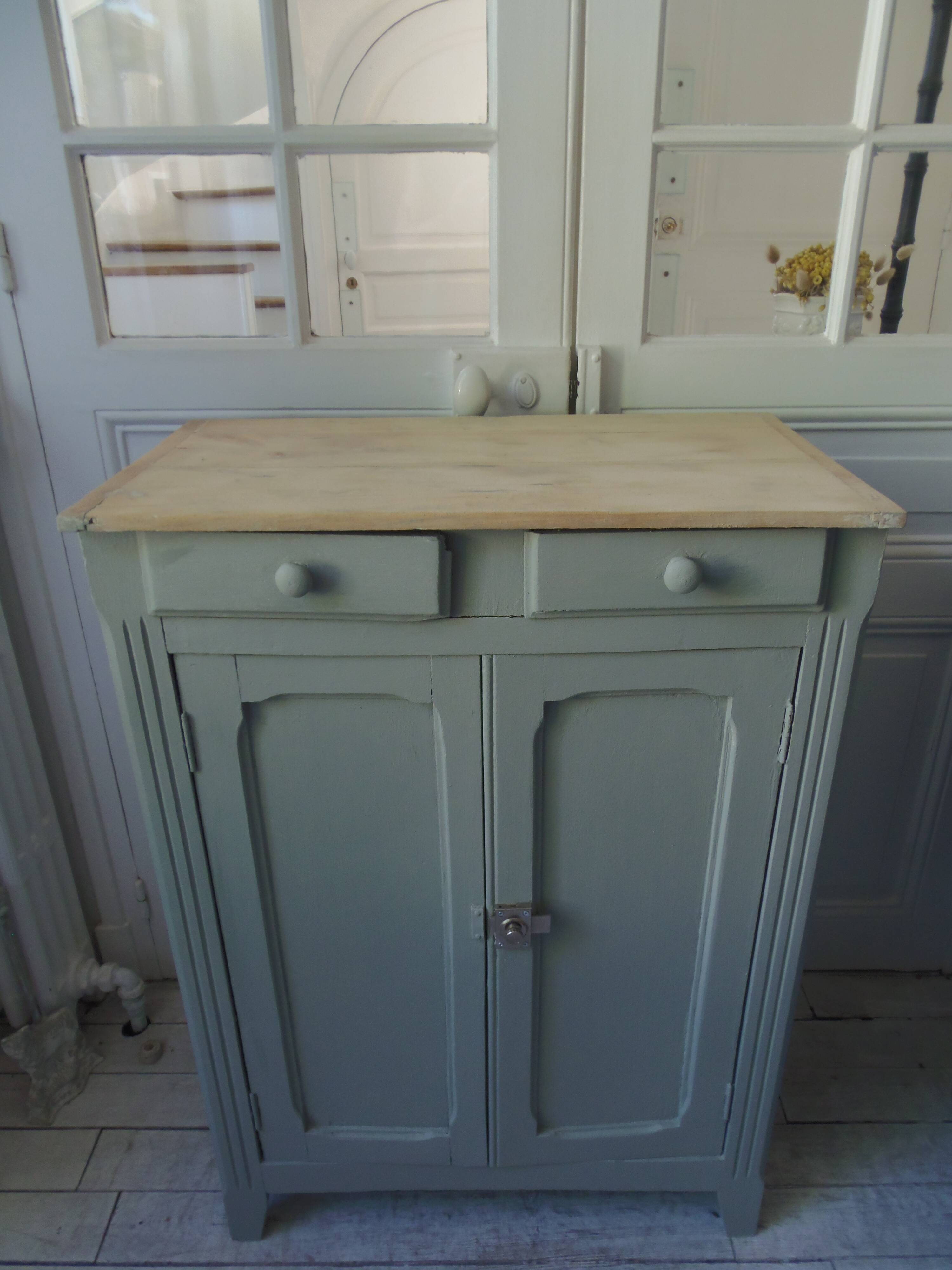 Small vintage Parisian sideboard with 2 doors and 2 drawers, enhanced in verdigris