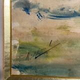 Large watercolor from the early 20th century, signed landscape of a wooded river bank