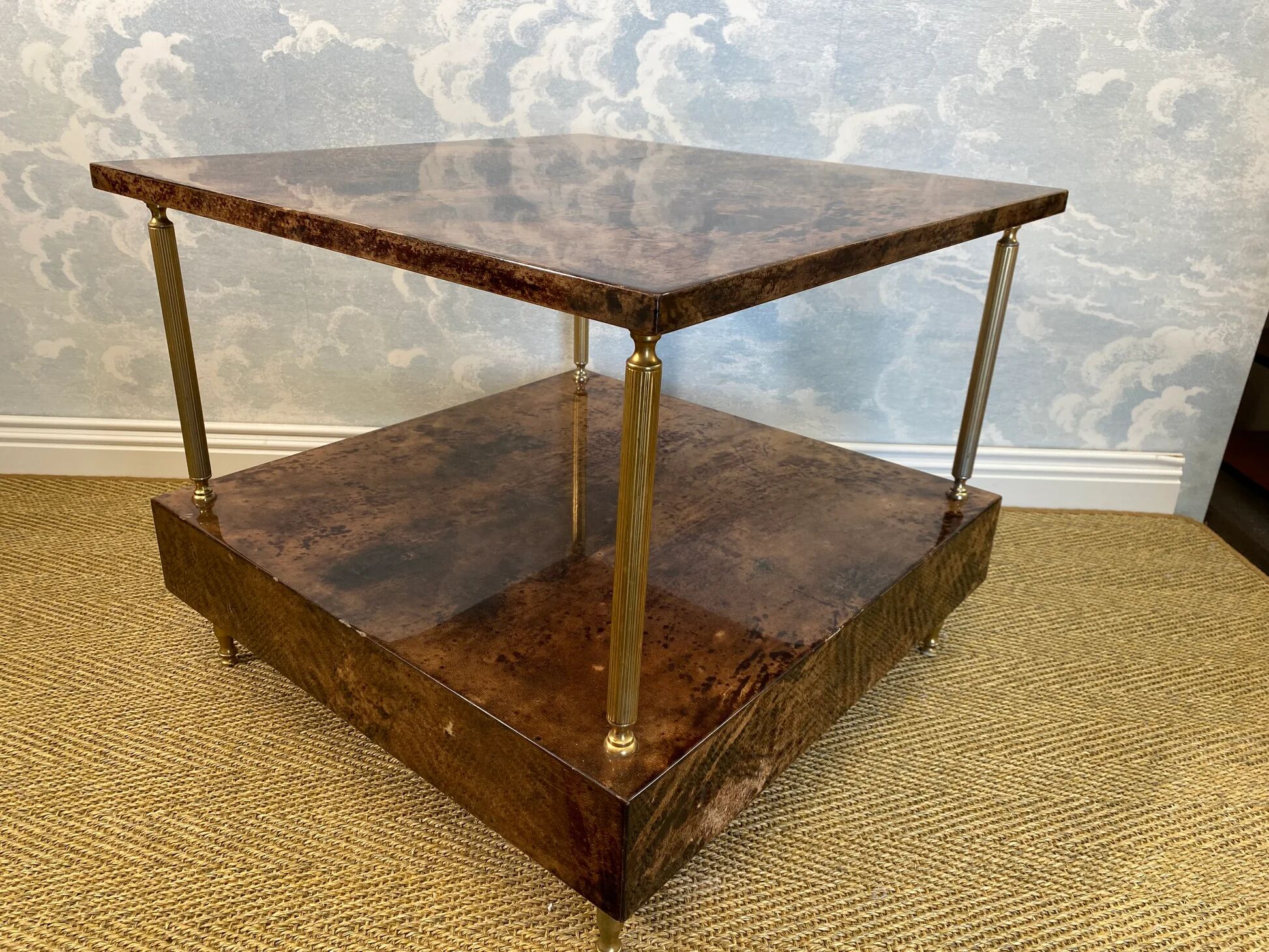 Aldo Tura side table in hazel brown tones with brass legs and bottom drawer