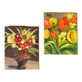Deux huiles sur toiles à motif floral