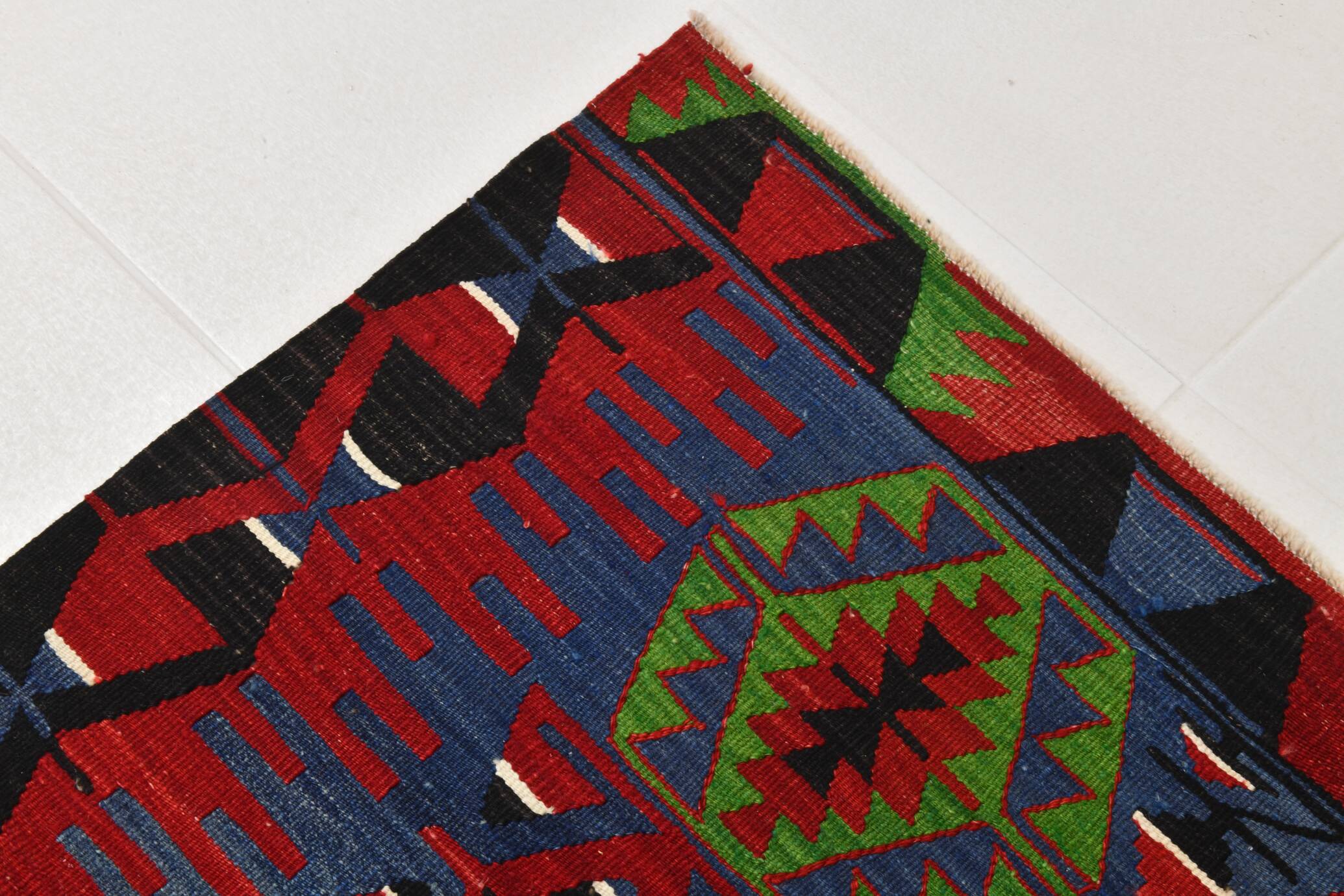 Geometric Blue & Green Vintage Kilim Rug, 154x305Cm