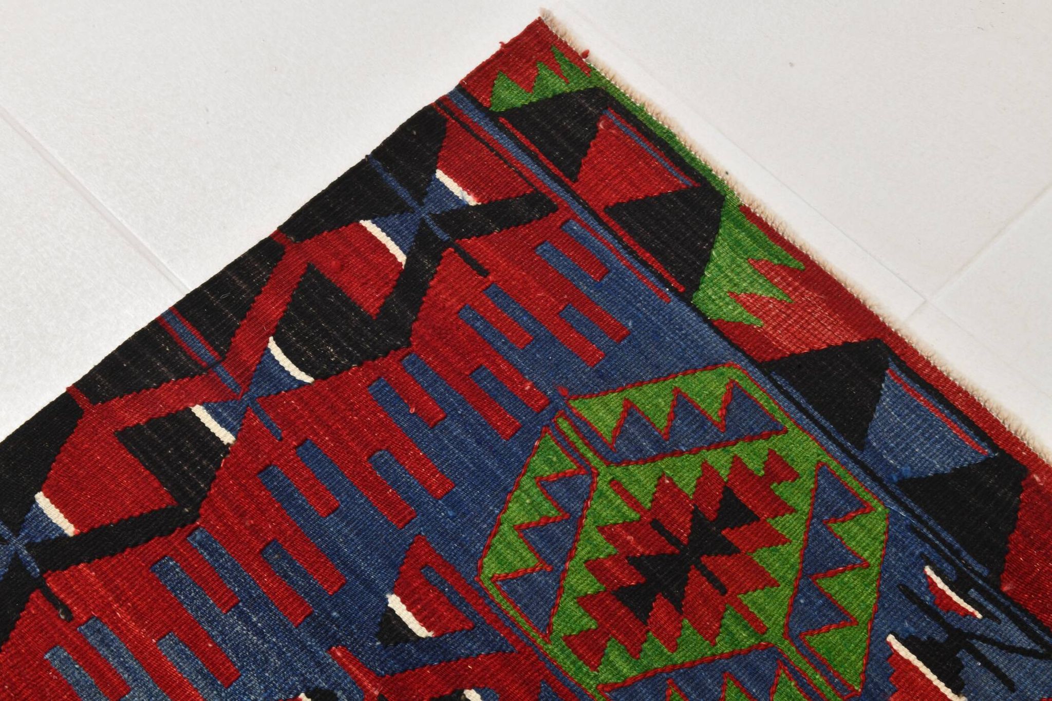 Geometric Blue & Green Vintage Kilim Rug, 154x305Cm