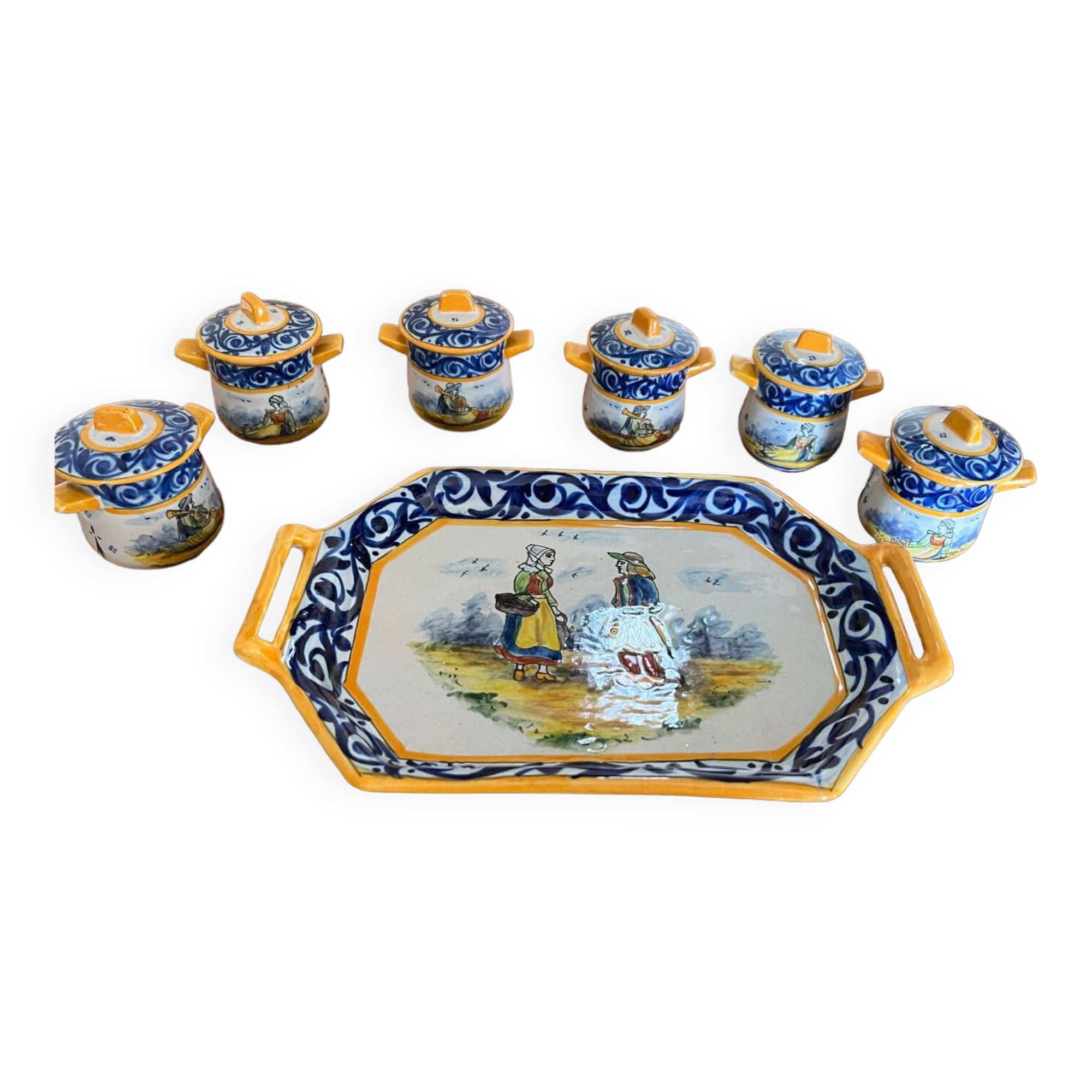 Set of tray and six cream pots HB Quimper