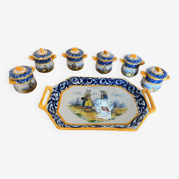 HB Quimper tray and six cream pots set