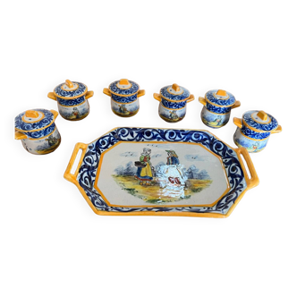 HB Quimper tray and six cream pots set