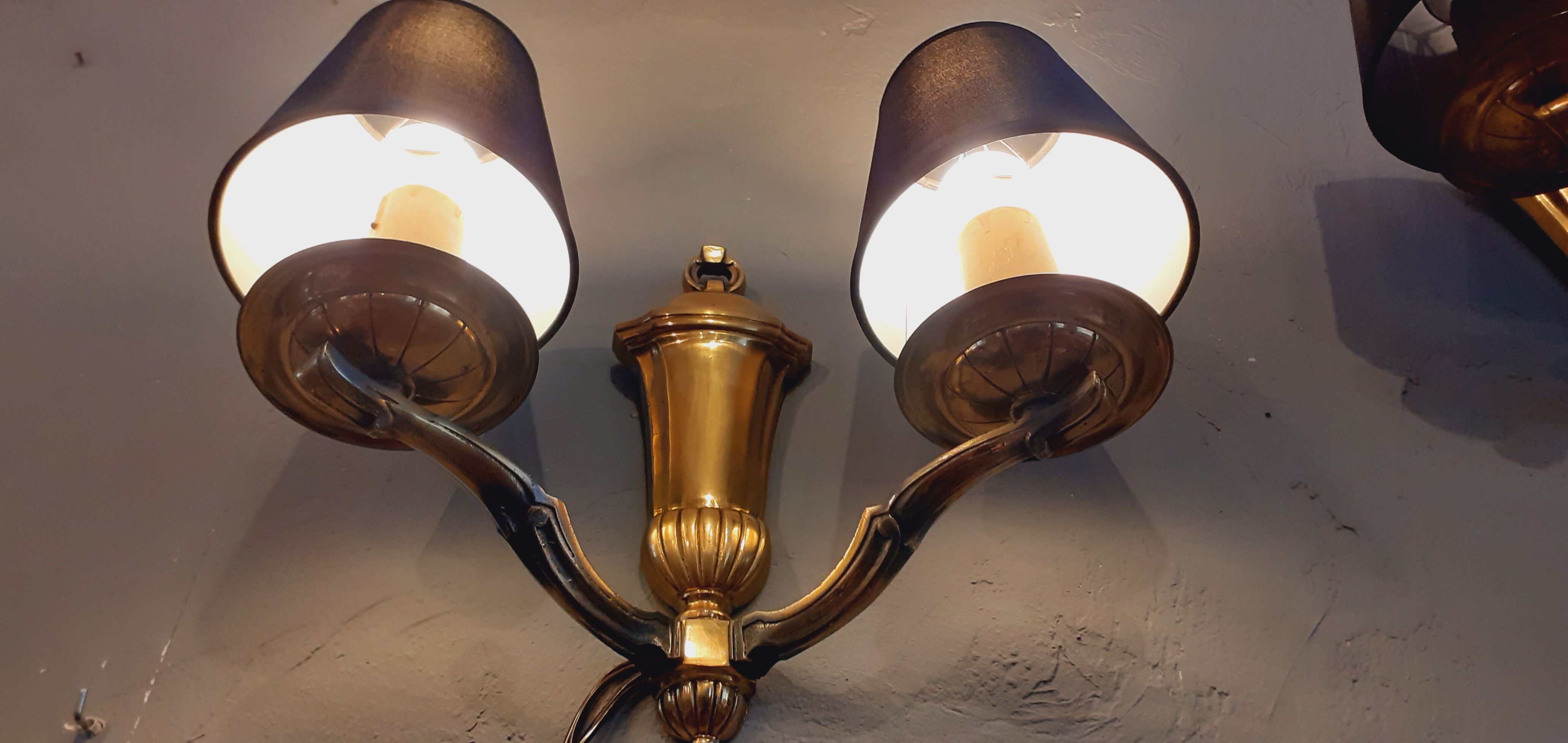 Pair of wall lamps double year 50 in bronze neo-classical style signed Petitot