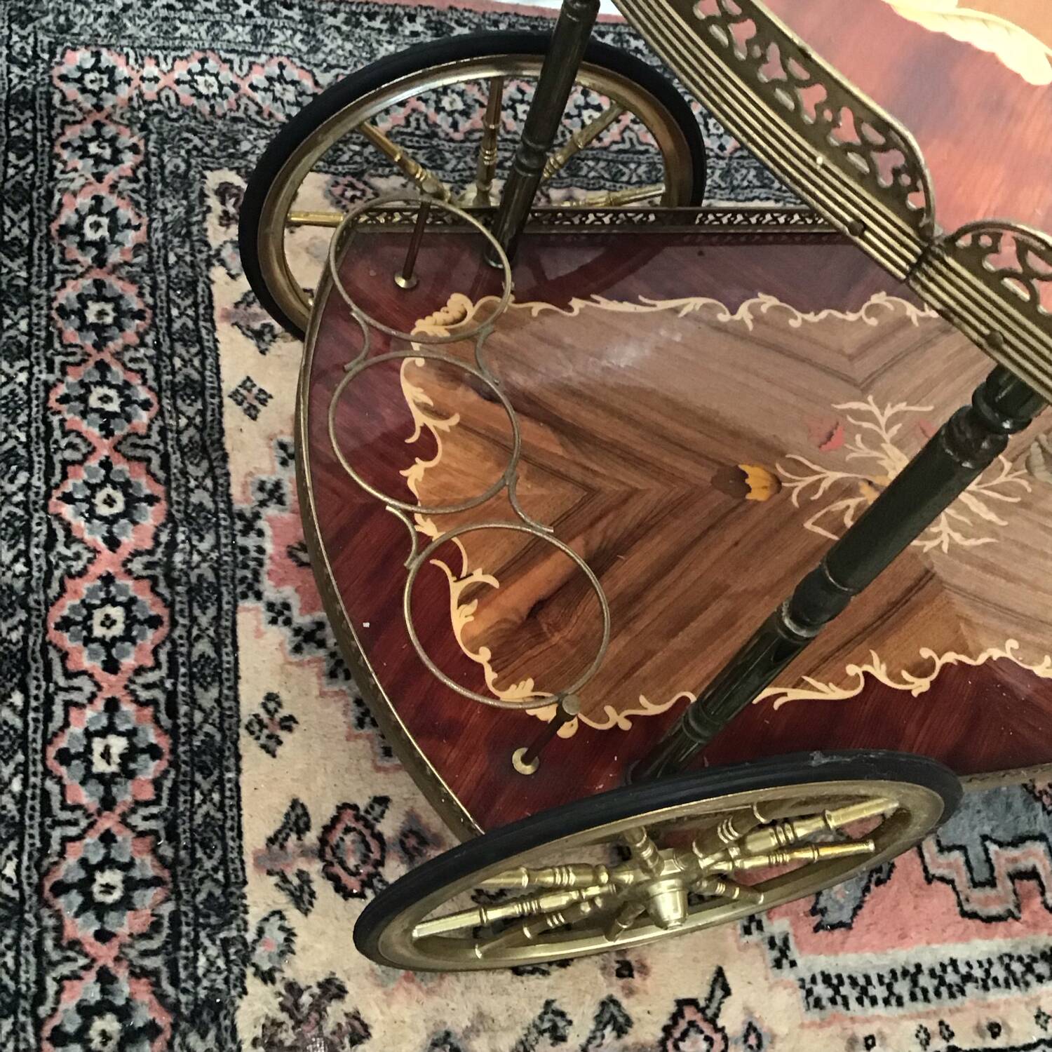 1960s marquetry bar cart on wheels