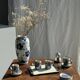 Vase white background stylized blue, yellow and green flowers H24.5 D12