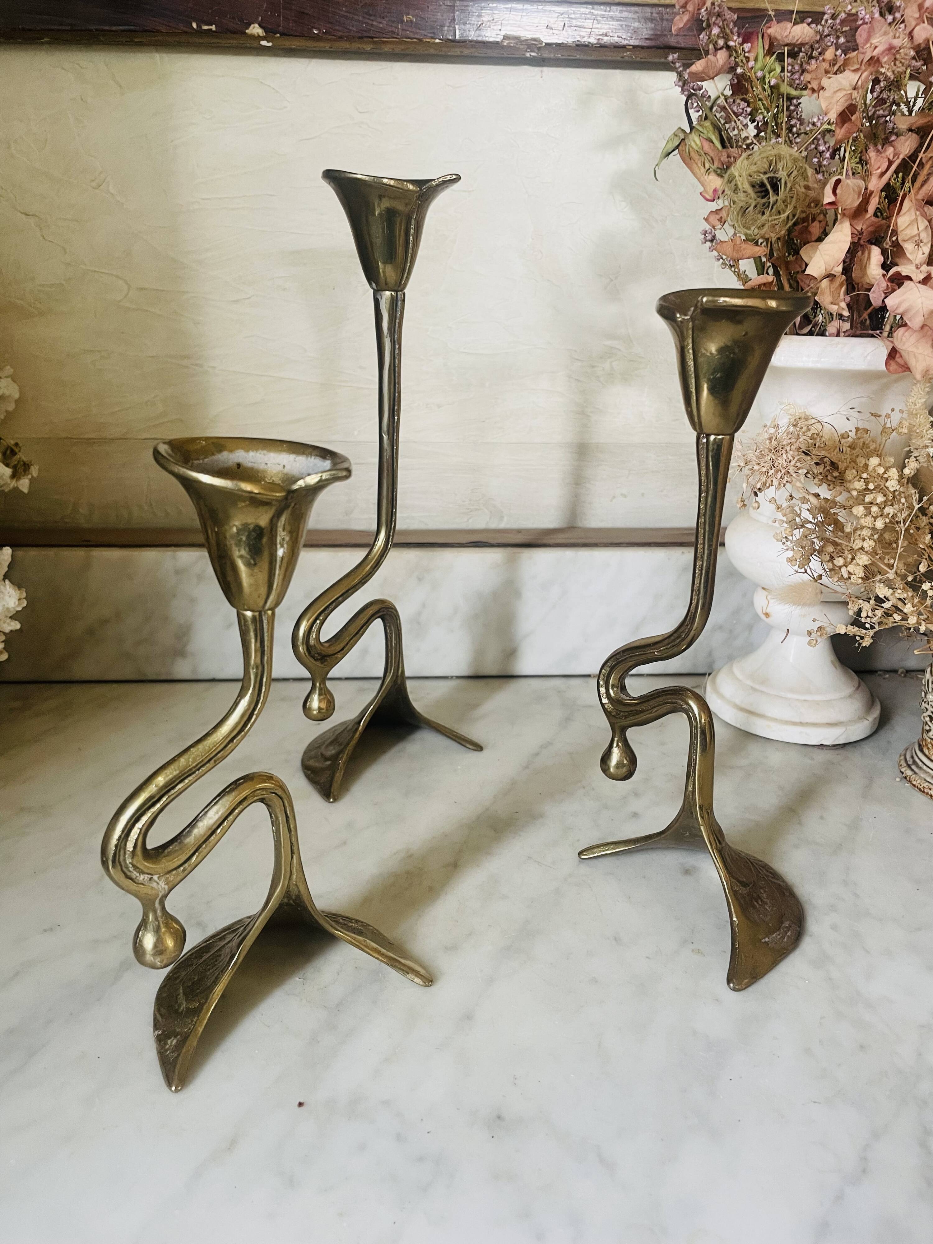 Art Nouveau style brass candlestick trio