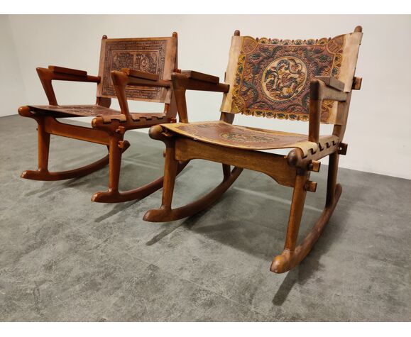 Wood Rocking Chairs 1960s, Antique Leather And Wood Rocking Chair