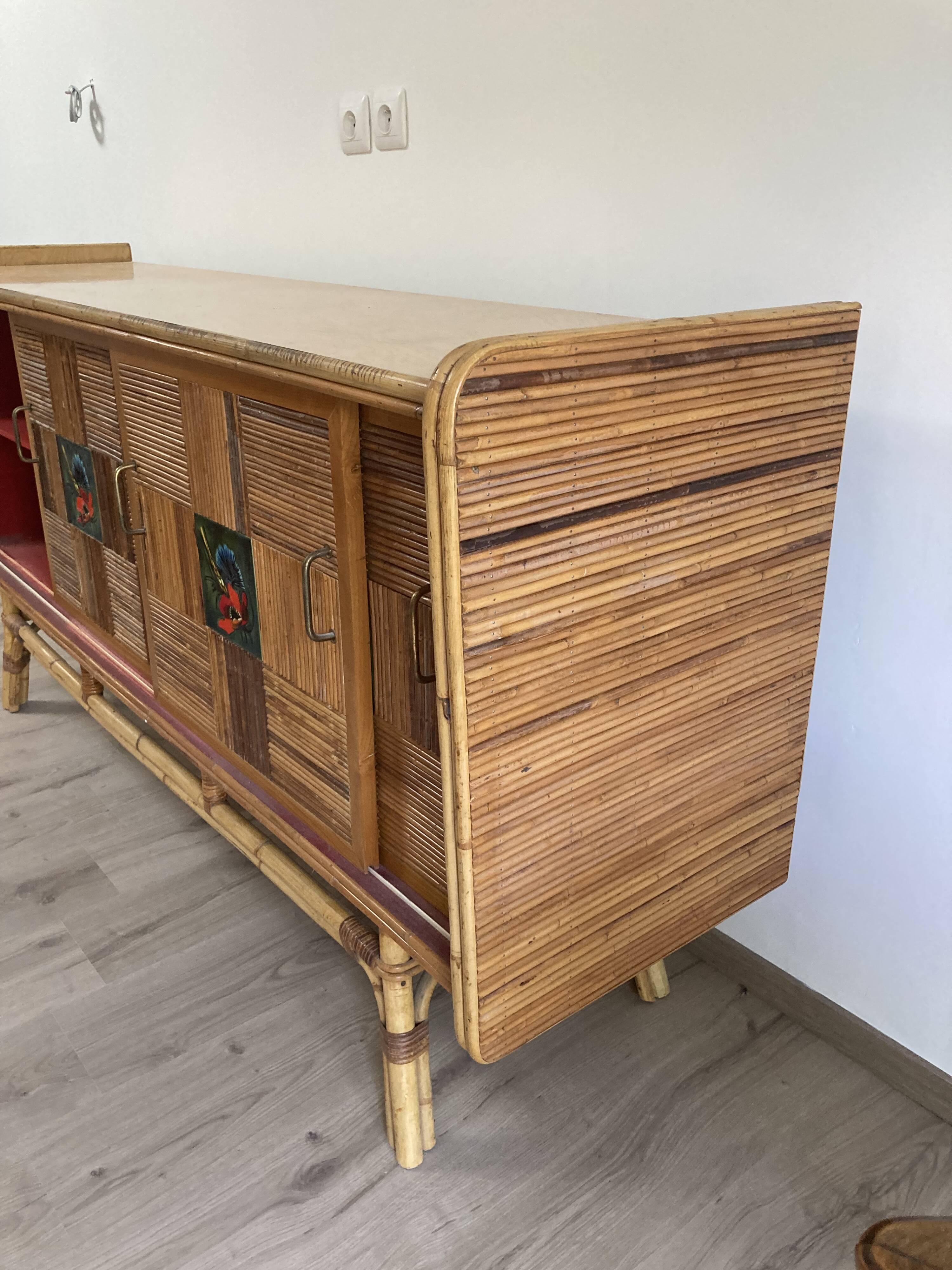 Rattan sideboard and ceramic tiles from vallauris 50s