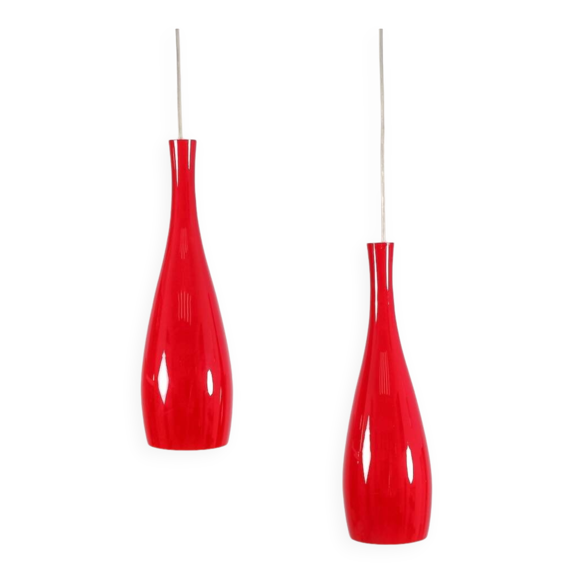 Set of 2 red „Bang“ opal glass pendant lamps by Jacob Bang for Fog & Morup