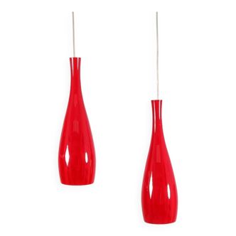 Set of 2 red „Bang“ opal glass pendant lamps by Jacob Bang for Fog & Morup