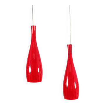 Set of 2 red „Bang“ opal glass pendant lamps by Jacob Bang for Fog & Morup