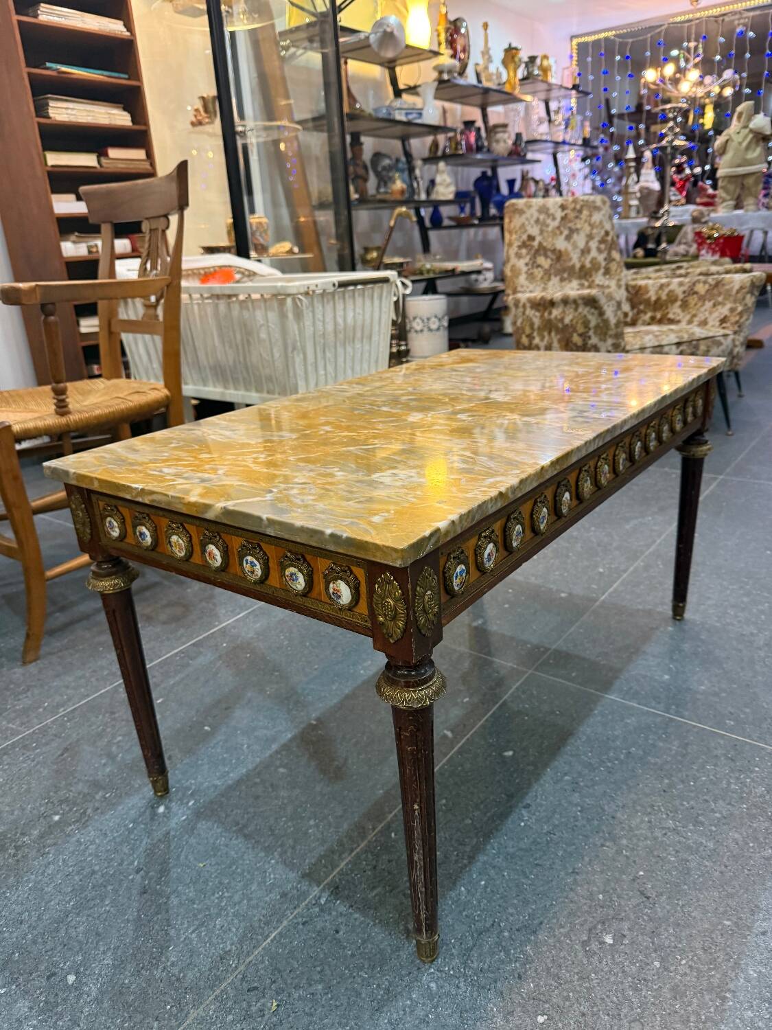 Louis XVI style coffee table - marble, porcelain medallions