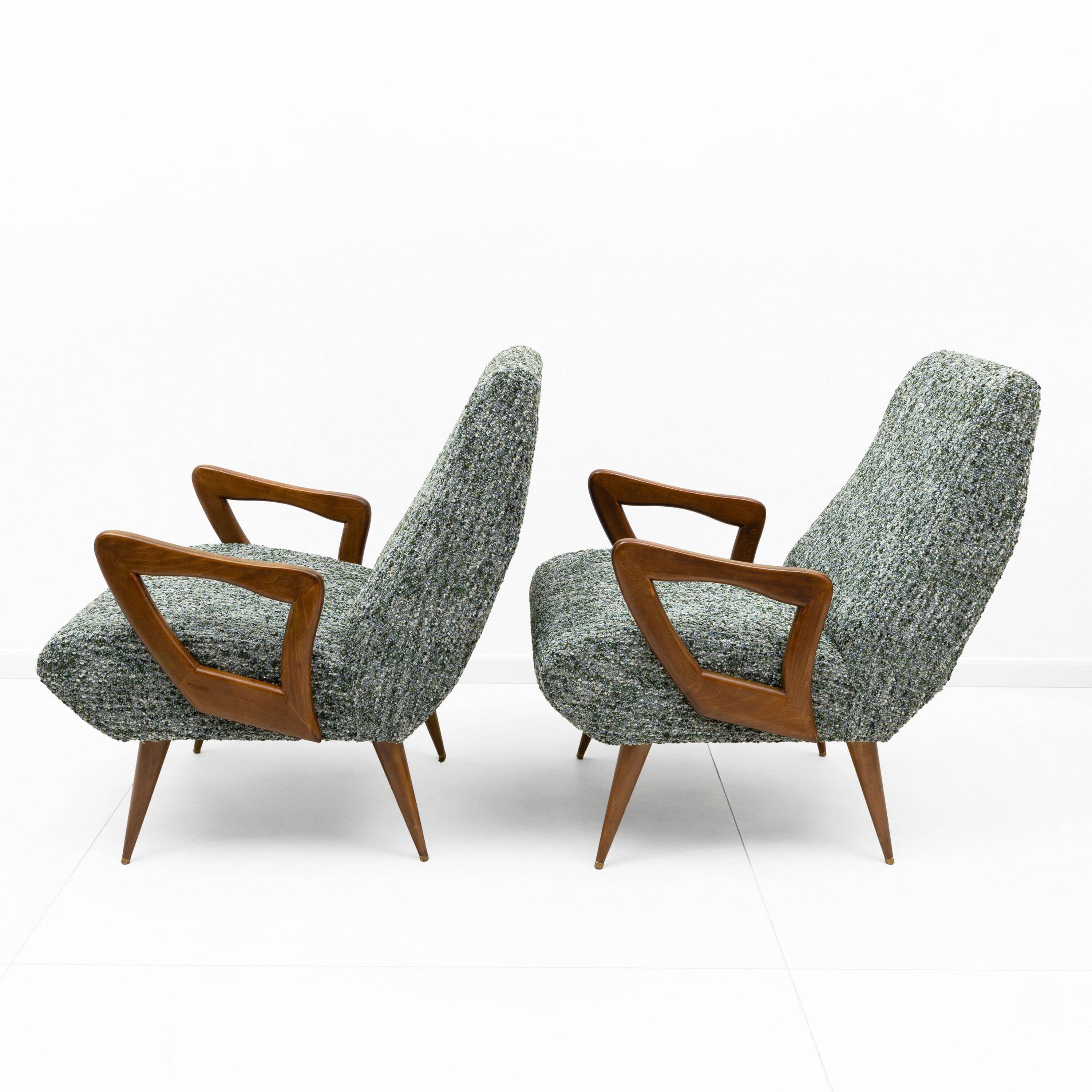 Pair of Italian Mid-Century Modern Armchairs with Sculptural Wooden Arms
