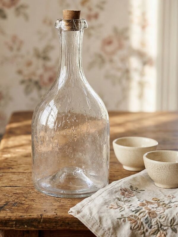 Grande bouteille ancienne en verre soufflé bullé, début XXe 1900-1920