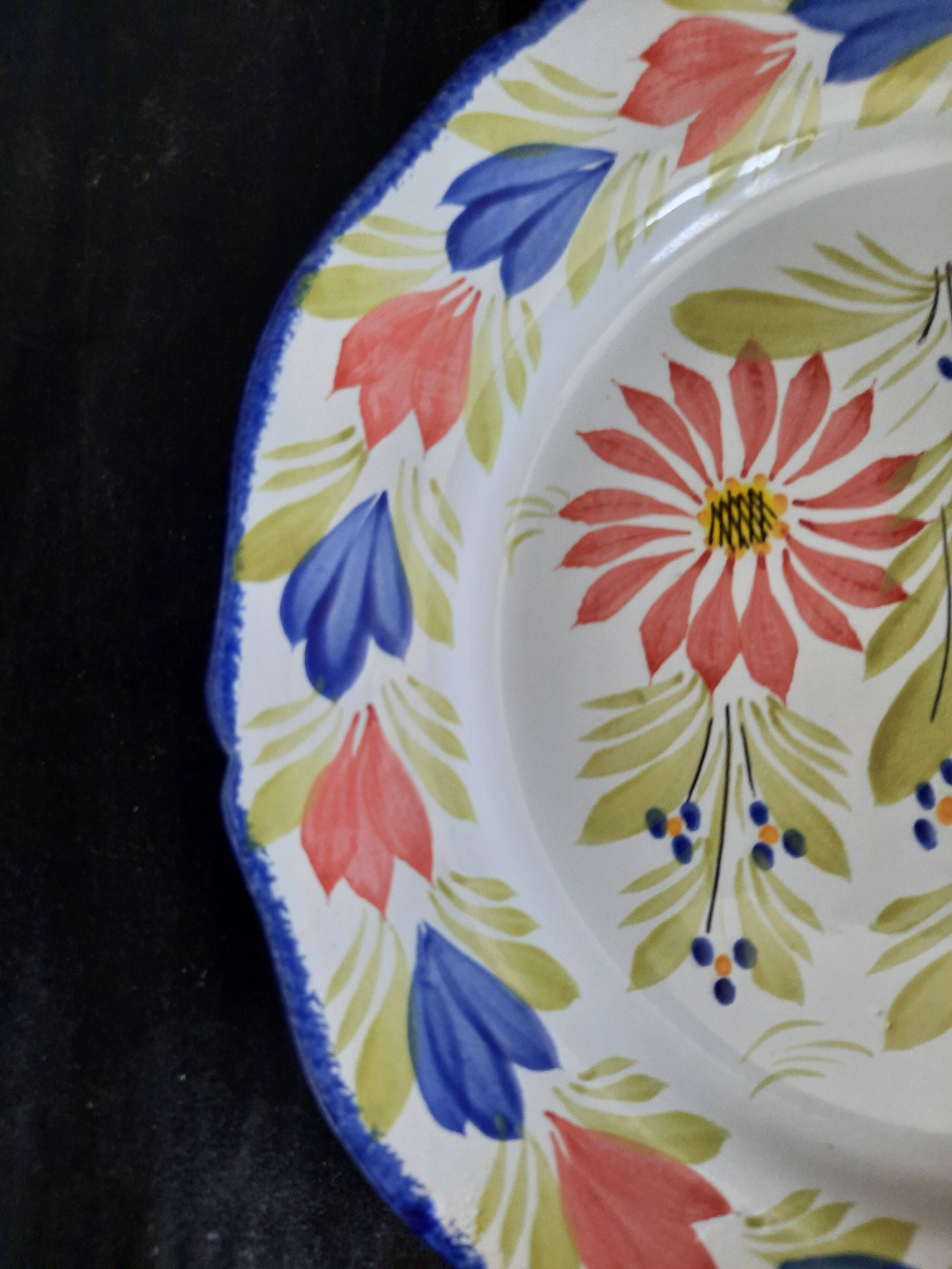 Old flat plate faience hb quimper hand-painted floral decoration