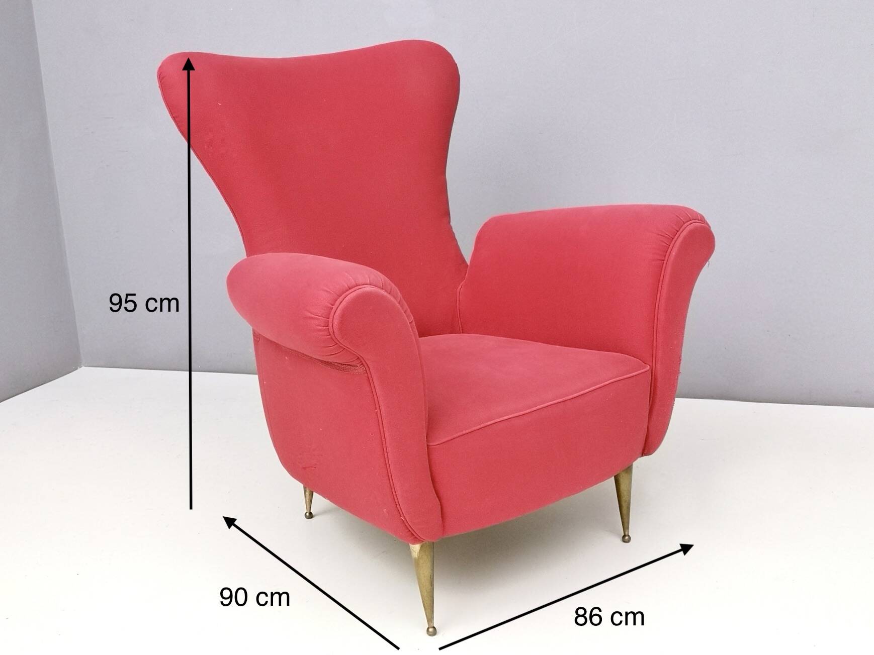 Wingback Red Cotton Armchair with Brass Feet, Italy