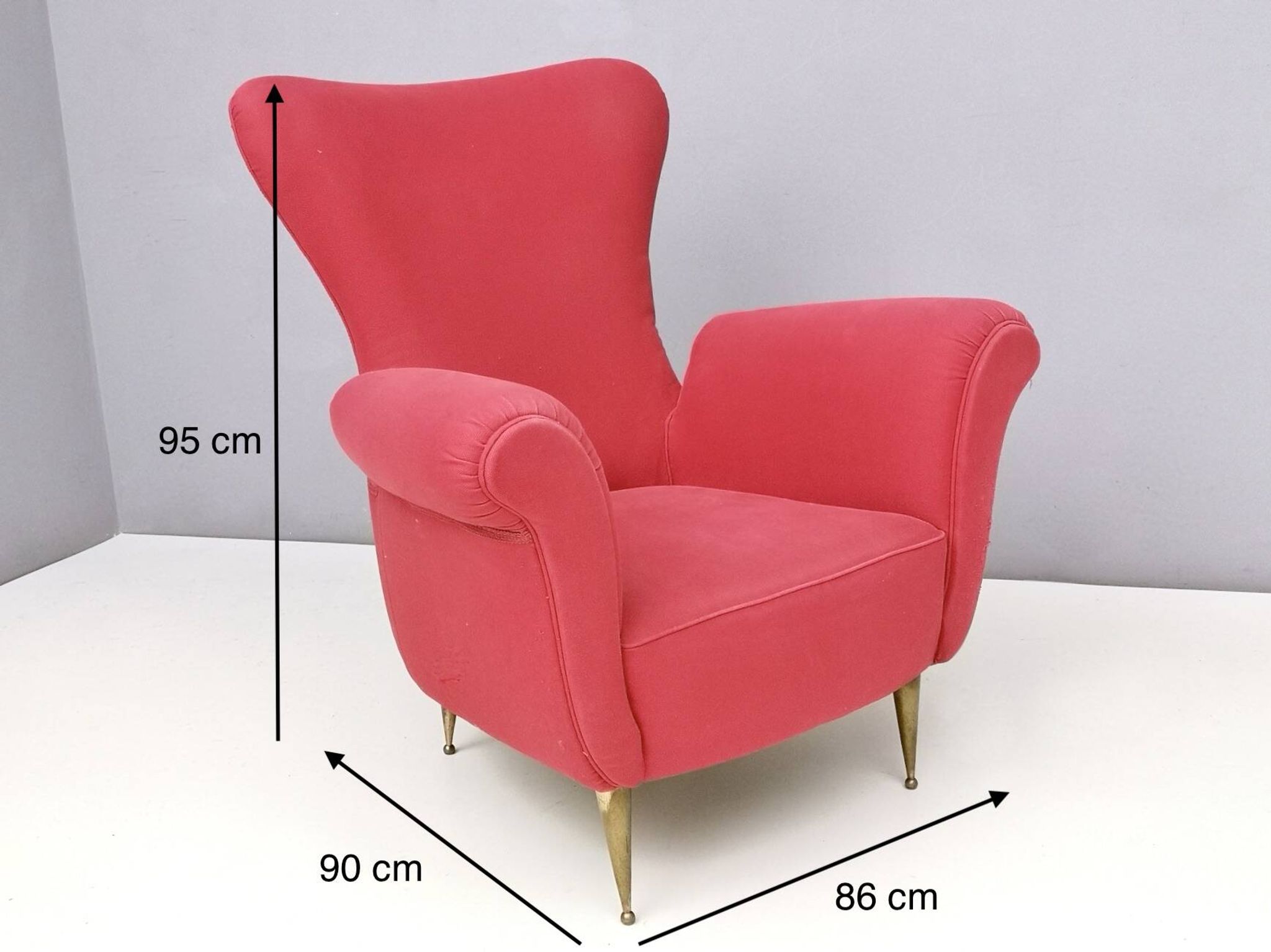 Wingback Red Cotton Armchair with Brass Feet, Italy