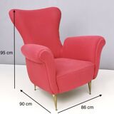 Wingback Red Cotton Armchair with Brass Feet, Italy