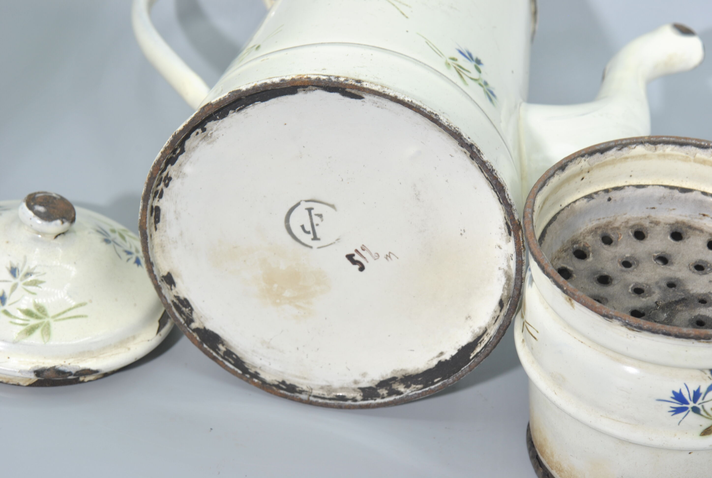 Enamelled tole coffee maker with blue flowers