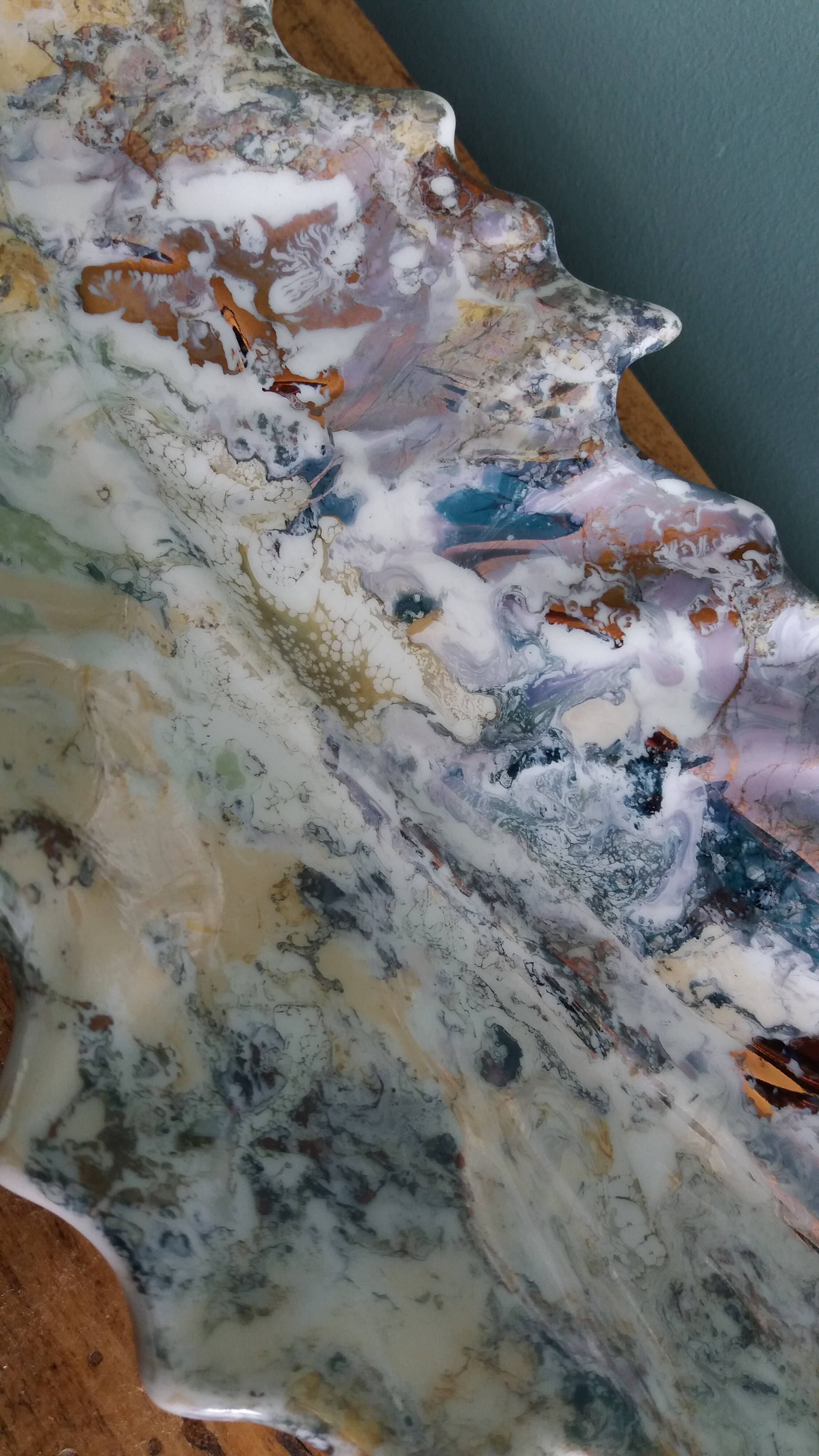 Iridescent enamelled leaf catchall, signed Gfredy.