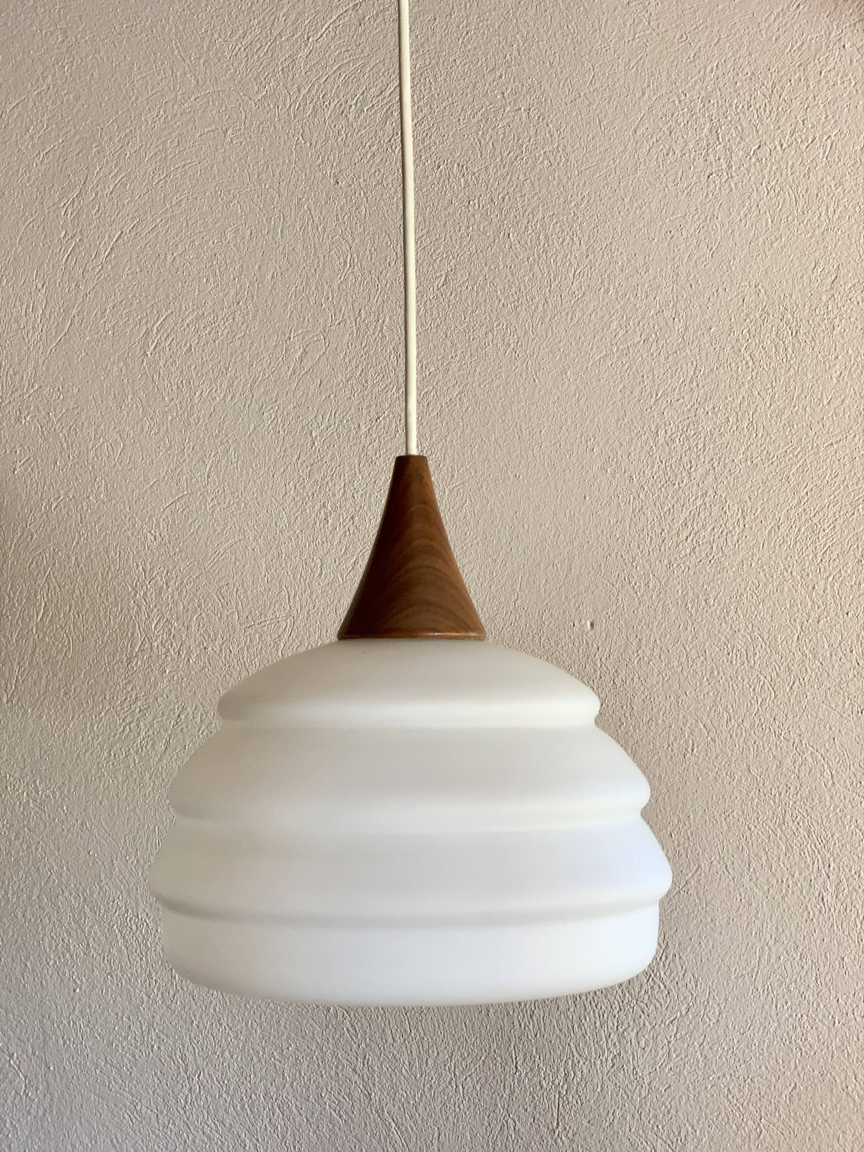 Vintage teak and opaline pendant lamp by Louis Kalff for Philips