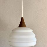 Vintage teak and opaline pendant lamp by Louis Kalff for Philips