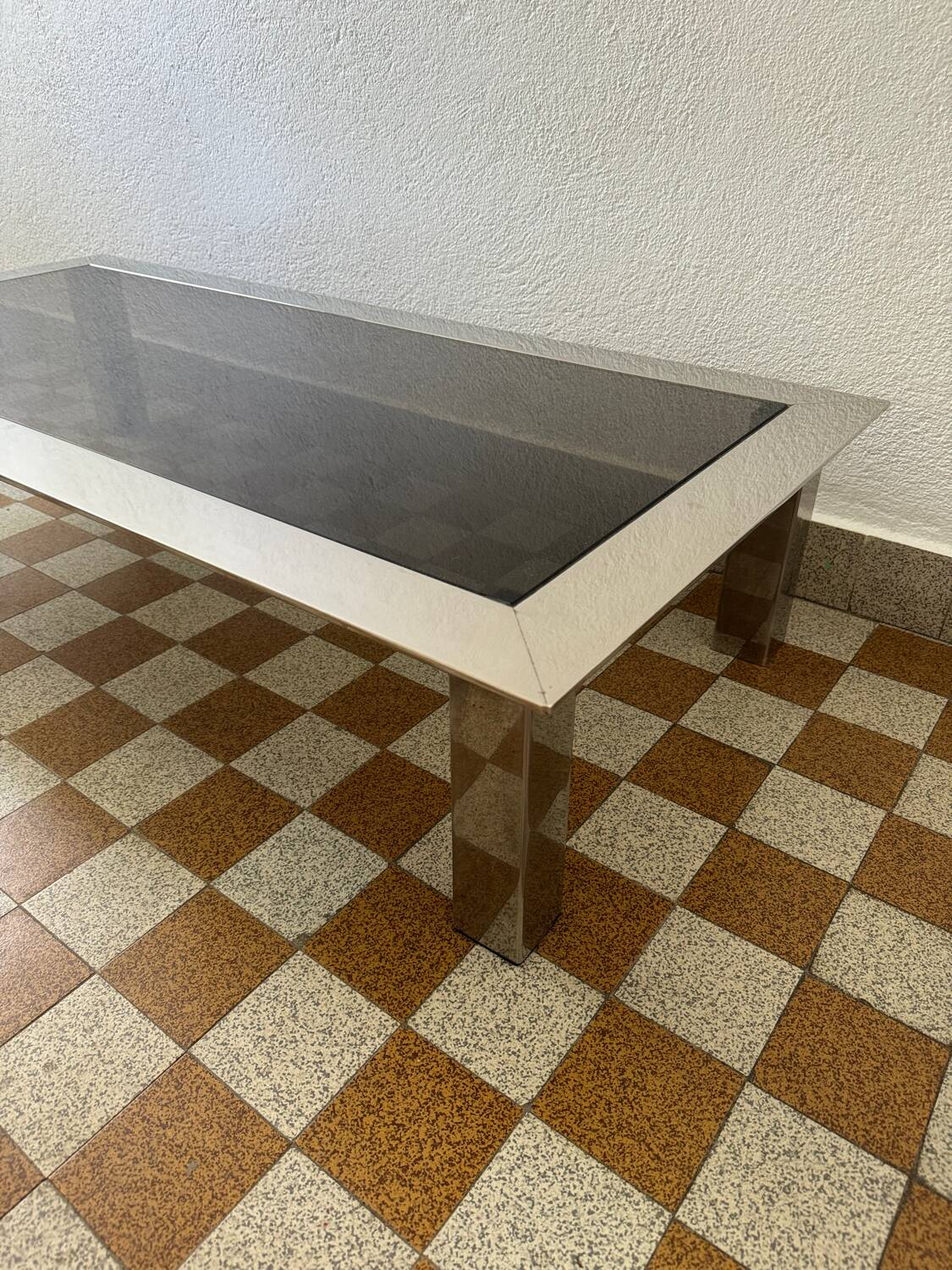 Rectangular coffee table in chrome steel and smoked glass from the 70s