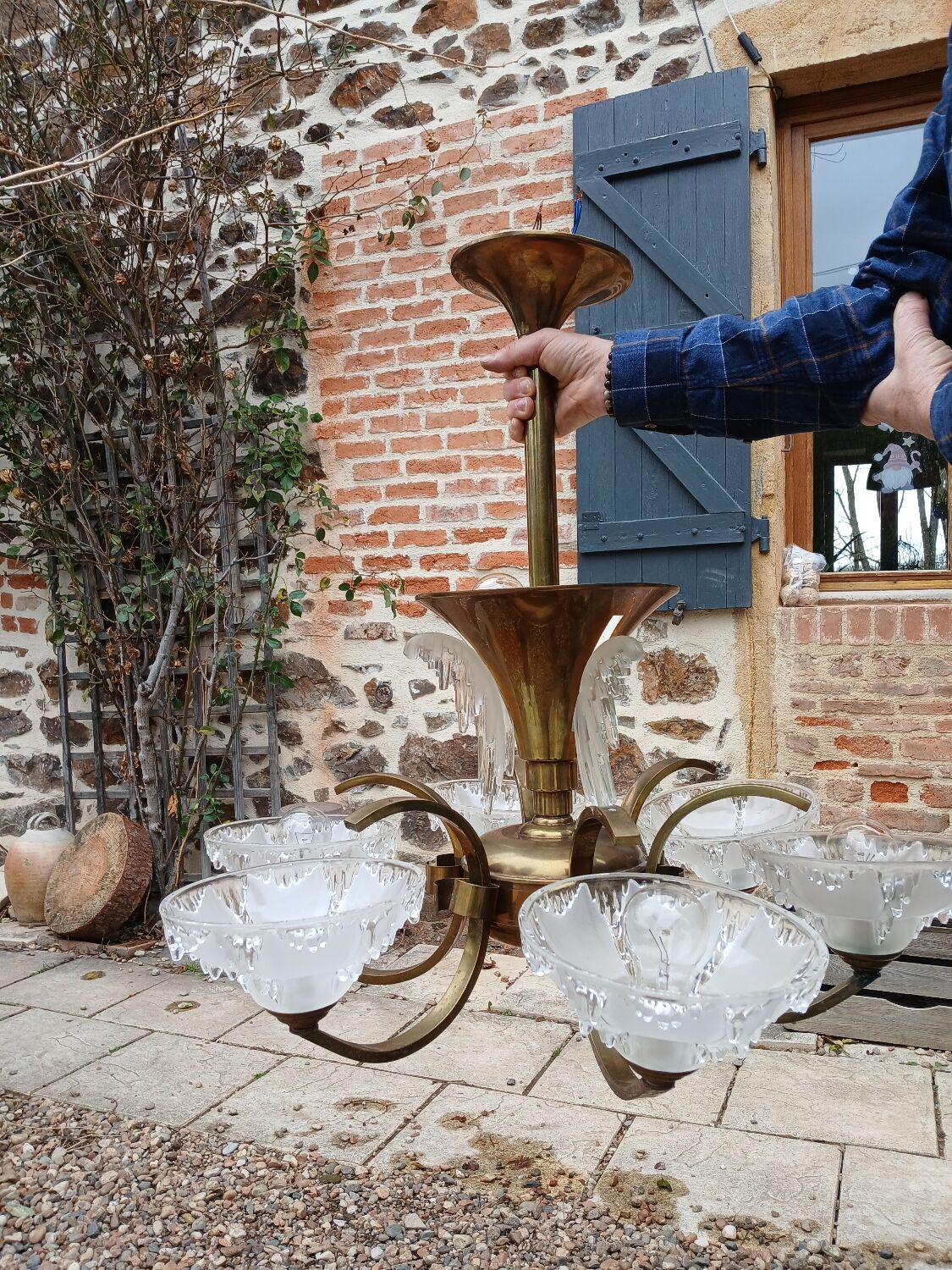Antique Art Deco brass and glass chandelier