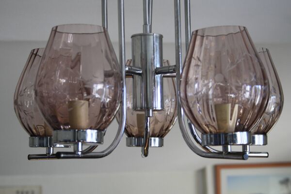 Lustre en metal chromé & verres ciselés