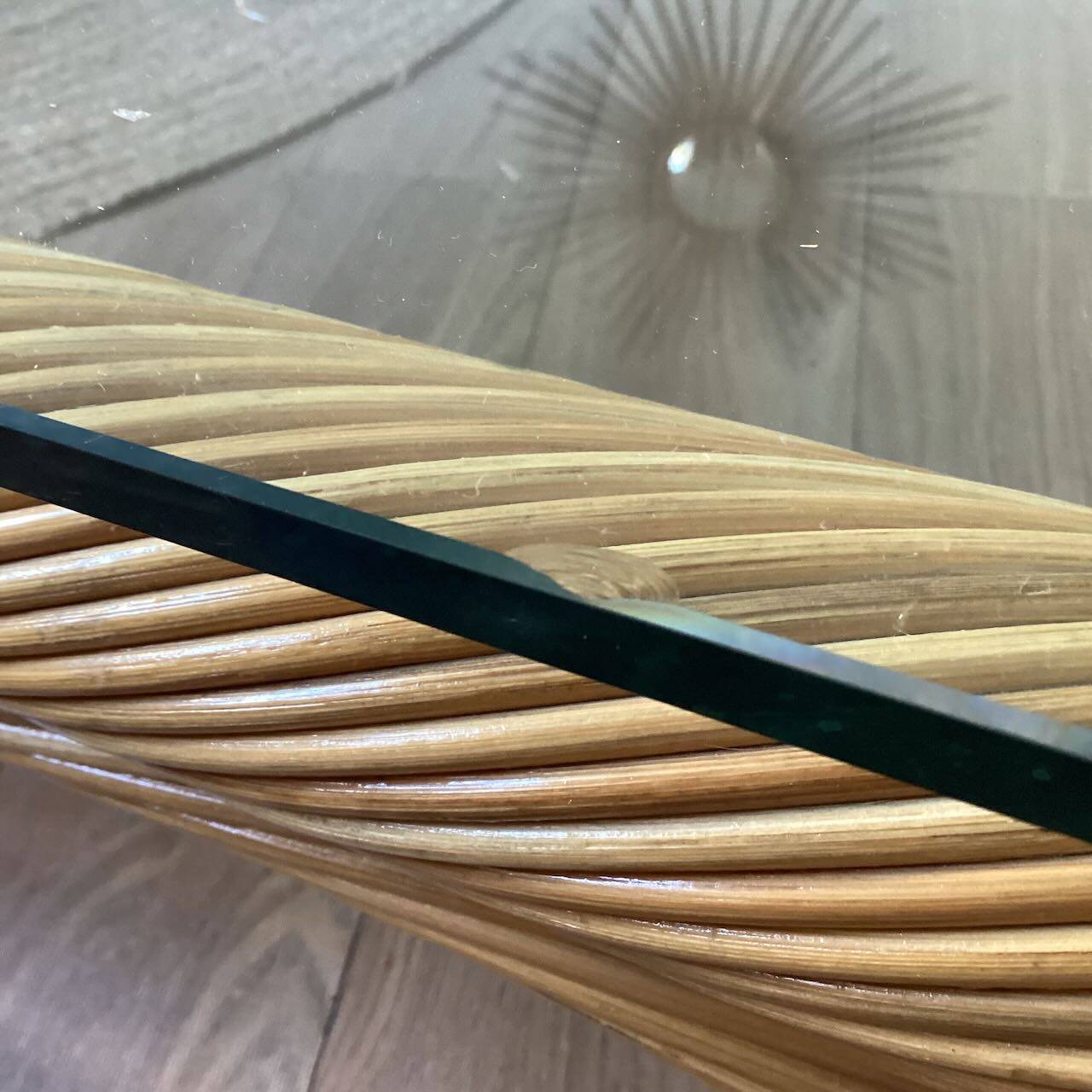 Large rattan and glass coffee table