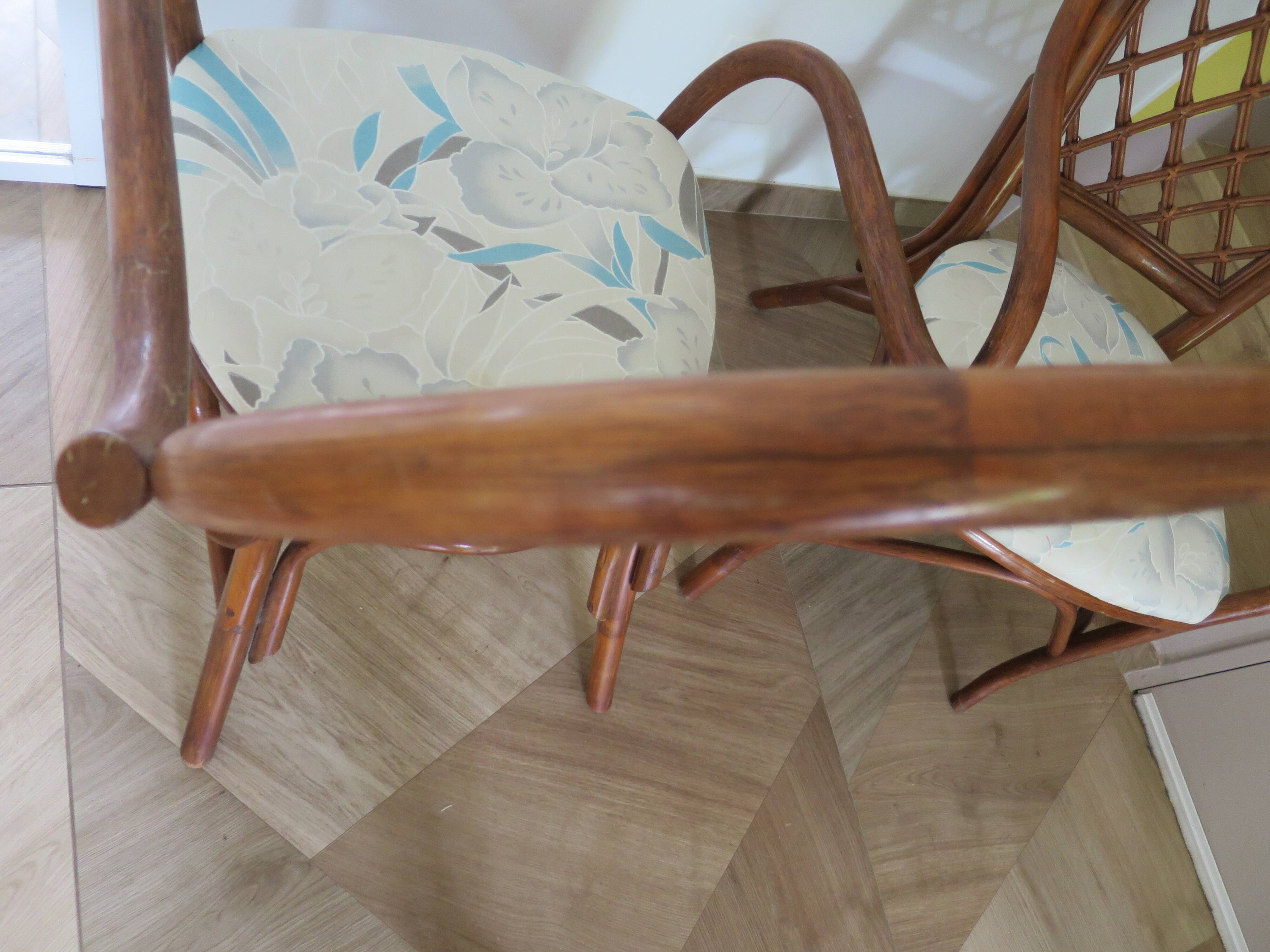 Vintage lot of 2 woven bamboo rattan armchairs - Curved wood - 1980s