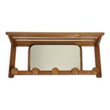 Light wood wall coat rack with tilted mirror, 5 hooks, 1960s