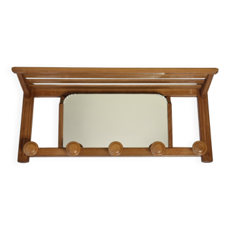 Light wood wall coat rack with tilted mirror, 5 hooks, 1960s