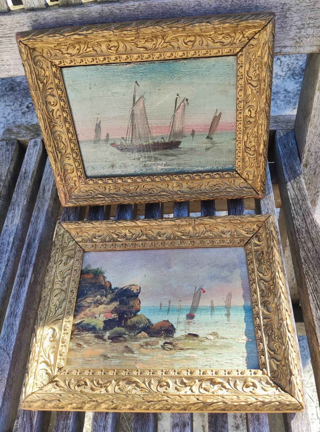 2 old paintings - oil on wood - theme: marine