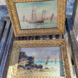 2 old paintings - oil on wood - theme: marine