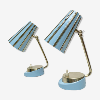 Paire lampes de table chevet vintage, années 50, bleu, laiton