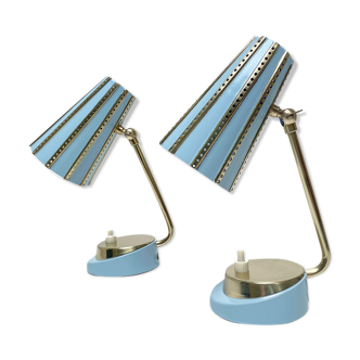 Pair of vintage bedside table lamps, 50s, blue, brass