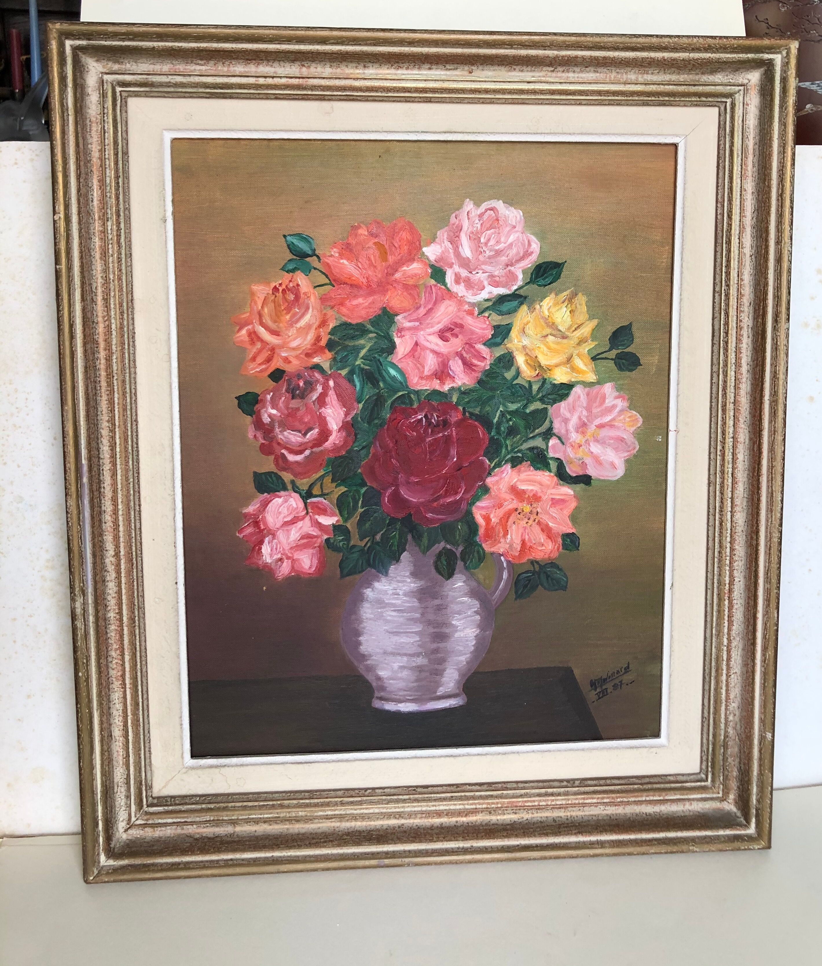 Oil on canvas: still life with bouquet of roses