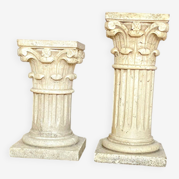 Pair of columns, corinthian style capitals in travertine, italy 1940s