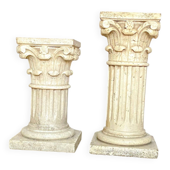 Pair of columns, corinthian style capitals in travertine, italy 1940s