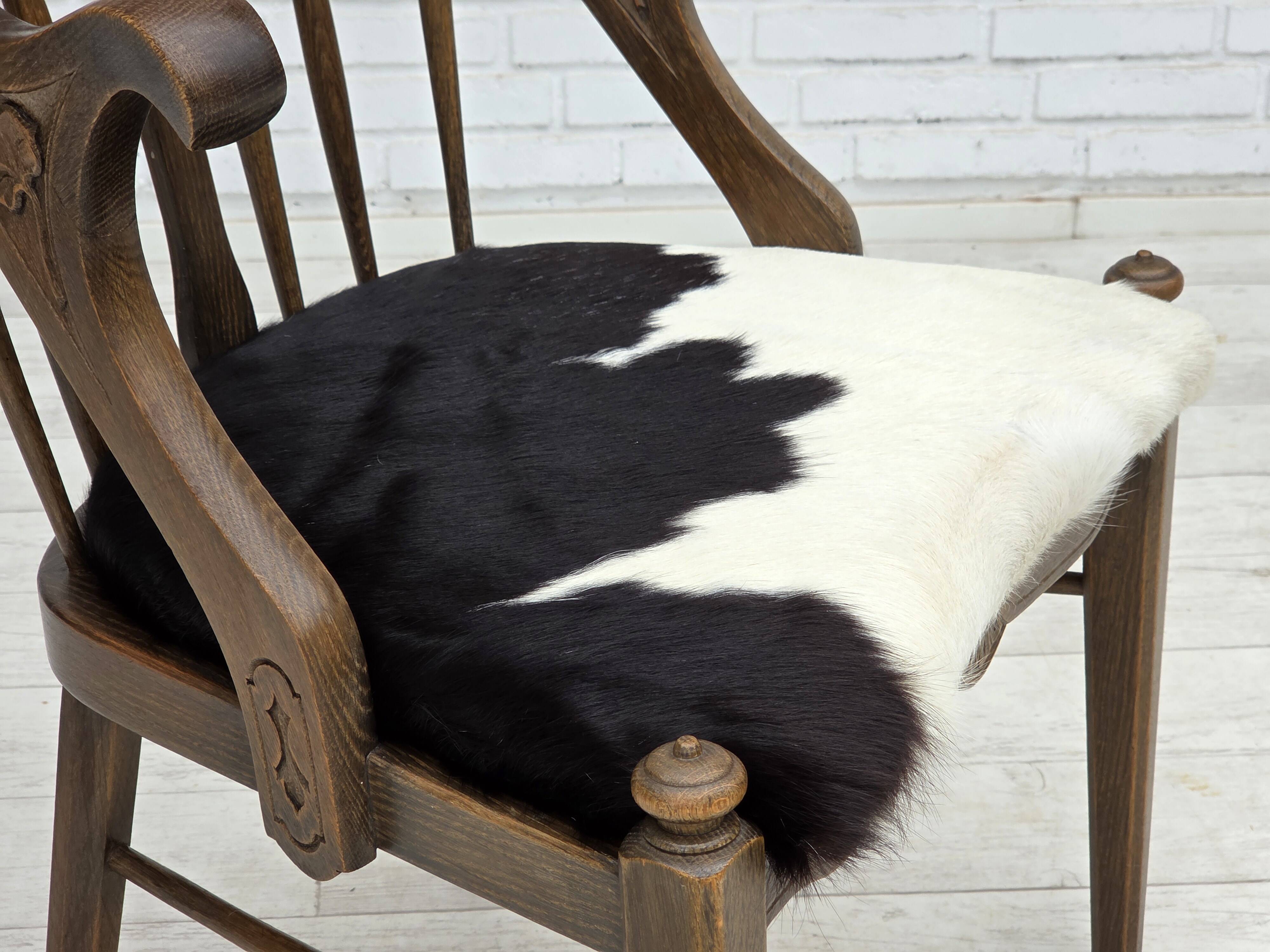 1960s, Danish high-backed armchair, reupholstered, furniture cowhide, oak.